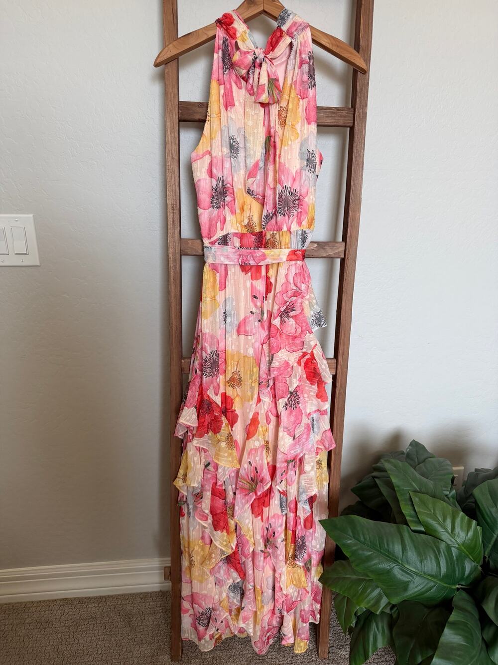 Alex Marie Floral Tiered Maxi Dress Pink Yellow Sleeveless Tie Neck Women’s 6 - Picture 1 of 6